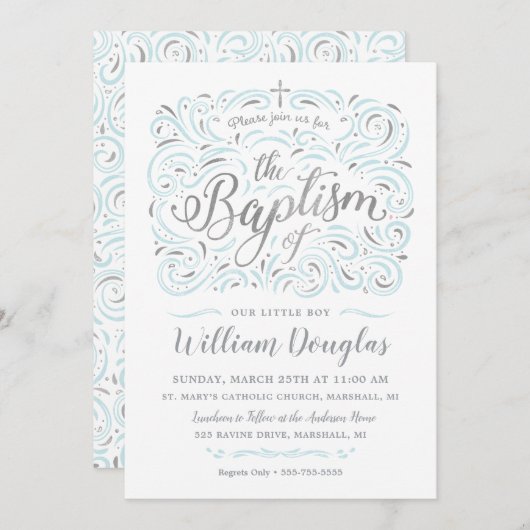 Faux Silver Boy Baptism Invitation Kaart (Voorkant / Achterkant)