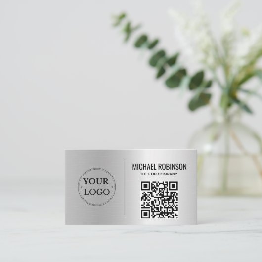 Faux Silver Business Logo QR Code Professional Visitekaartje (Staand voorkant)