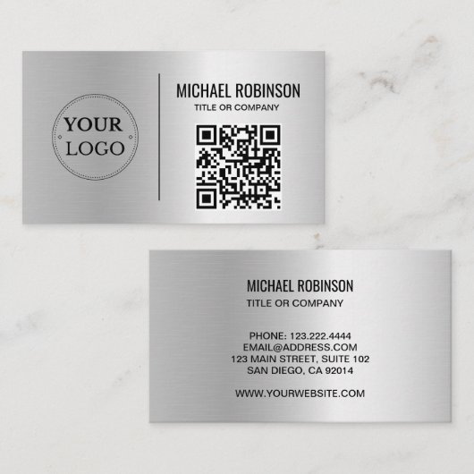 Faux Silver Business Logo QR Code Professional Visitekaartje (Voorkant / Achterkant)