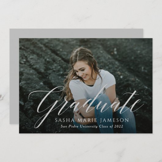 Faux Silver Calligrafie Afstuderen Landschapsfoto Kaart (Voorkant / Achterkant)