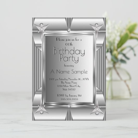 Faux Silver Chrome Metal: Birthday Party Kaart (Staand voorkant)
