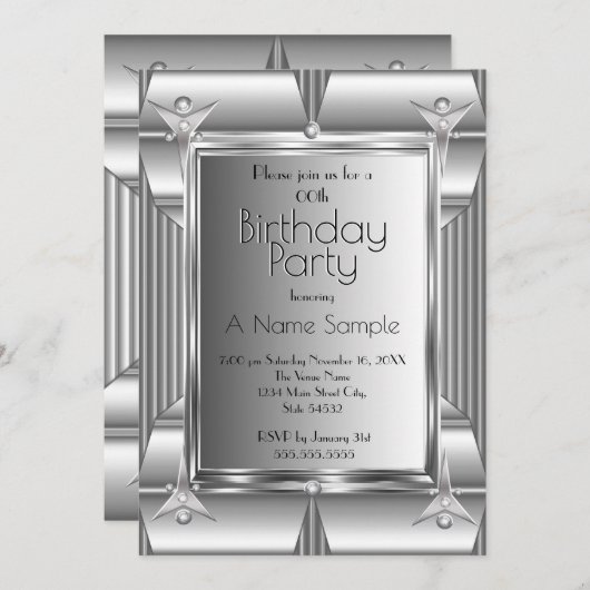 Faux Silver Chrome Metal: Birthday Party Kaart (Voorkant / Achterkant)
