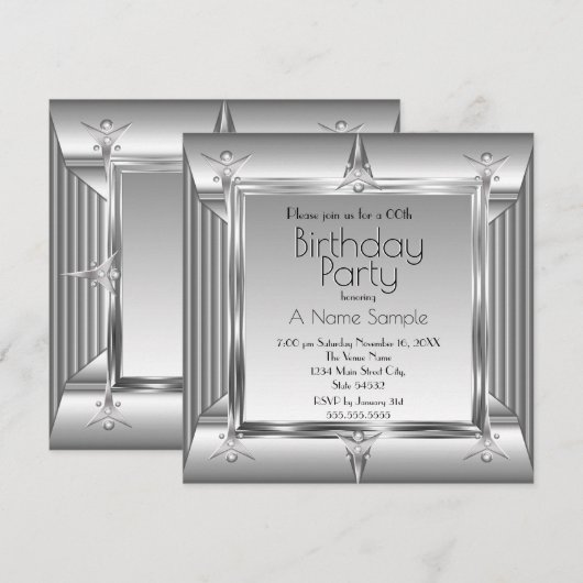 Faux Silver Chrome Metal: Birthday Party sq Kaart (Voorkant / Achterkant)