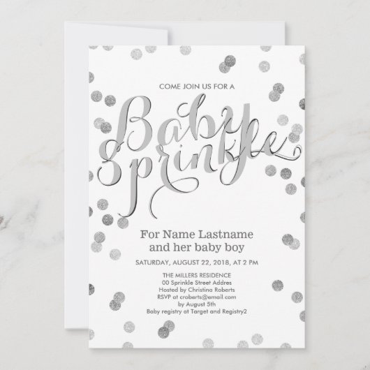 Faux Silver Confetti Modern Baby Sprinkle Invite Kaart (Voorkant)