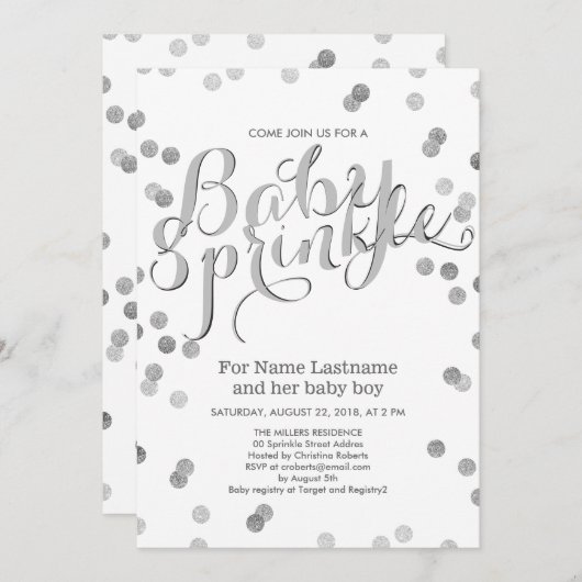 Faux Silver Confetti Modern Baby Sprinkle Invite Kaart (Voorkant / Achterkant)