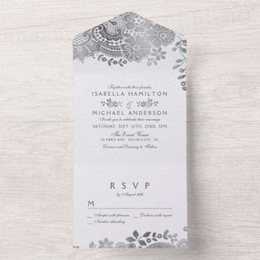 Faux Silver Eegant -lace bruiloft All In One Uitnodiging (Binnen)