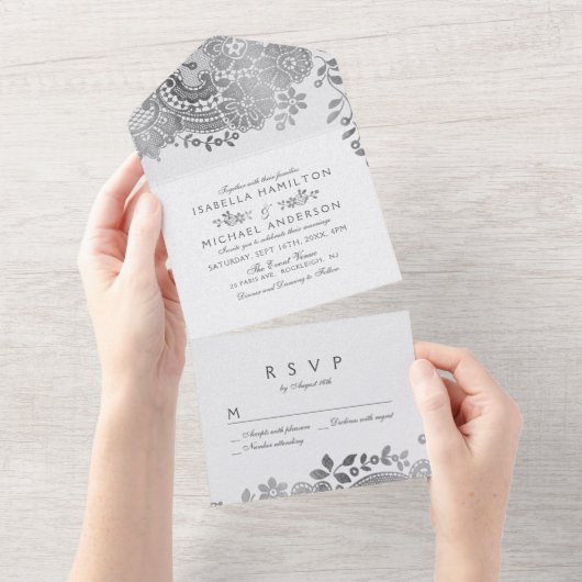 Faux Silver Eegant -lace bruiloft All In One Uitnodiging (Afscheurbaar)