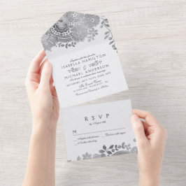 Faux Silver Eegant -lace bruiloft All In One Uitnodiging