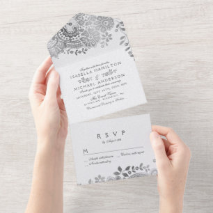 Faux Silver Eegant -lace bruiloft All In One Uitnodiging