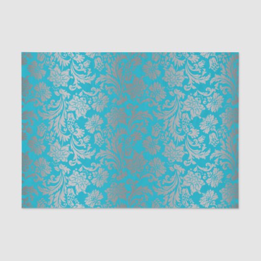 Faux Silver Floral Damasblauw achtergrond Tissuepapier (Voorkant)