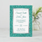 Faux Silver Foil Blauwgroen Glitter Huwelijksuitno Kaart (Staand voorkant)