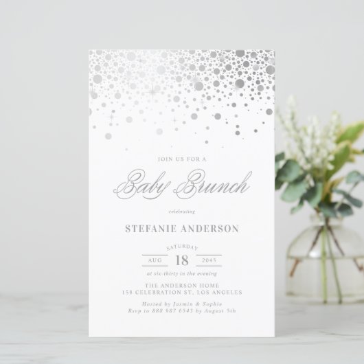 Faux Silver Foil Confetti Baby Brunch Uitnodiging (Staand voorkant)