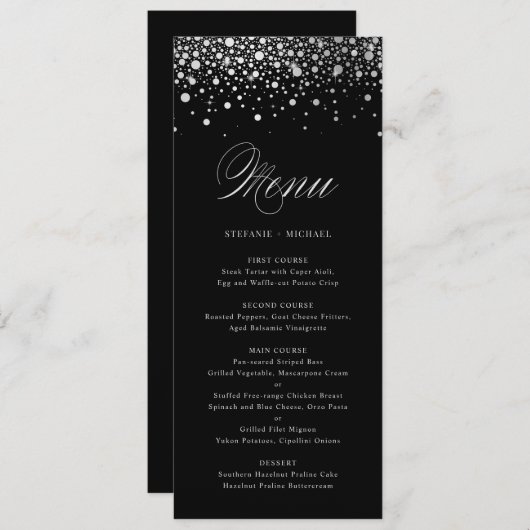 Faux Silver Foil Confetti Black Elegant Menu Kaart (Voorkant / Achterkant)