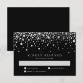 Faux Silver Foil Confetti Black en Silver Wedding RSVP Kaartje (Voorkant / Achterkant)