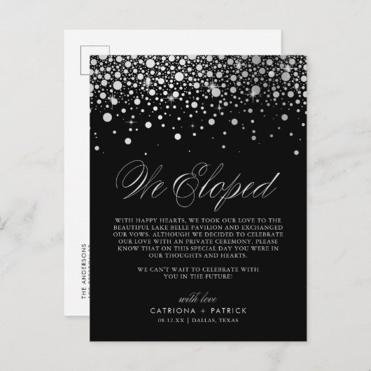 Faux Silver Foil Confetti Black Weddenschap Elopem Aankondigingskaart (Voorkant / Achterkant)
