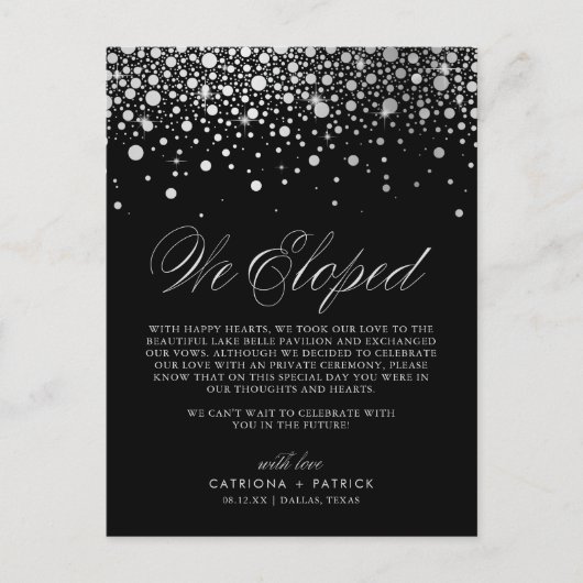 Faux Silver Foil Confetti Black Weddenschap Elopem Aankondigingskaart (Voorkant)