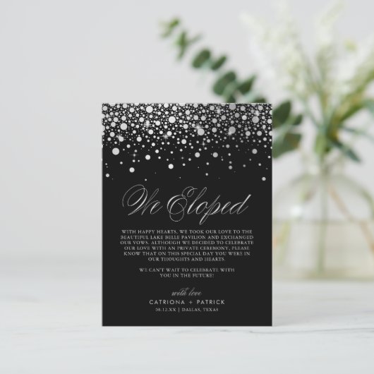 Faux Silver Foil Confetti Black Weddenschap Elopem Aankondigingskaart (Staand voorkant)