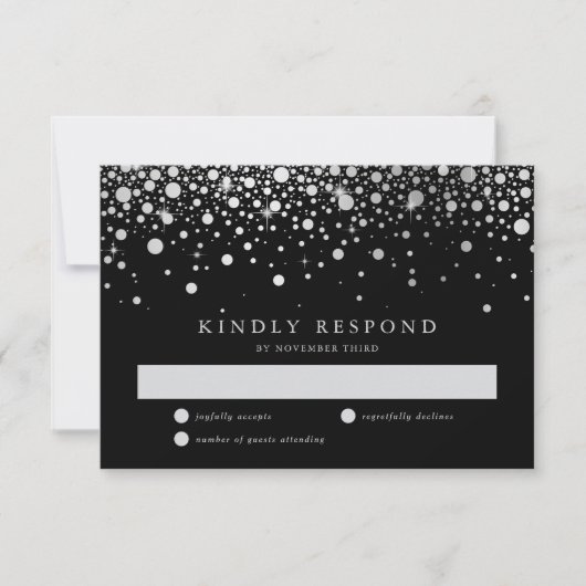 Faux Silver Foil Confetti Black & White RSVP-kaart RSVP Kaartje (Voorkant)