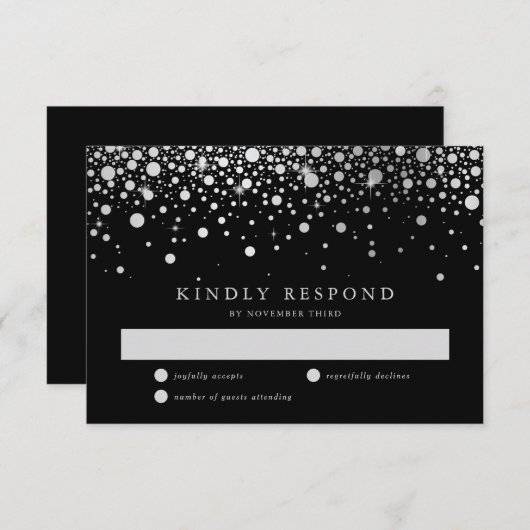 Faux Silver Foil Confetti Black & White RSVP-kaart RSVP Kaartje (Voorkant / Achterkant)