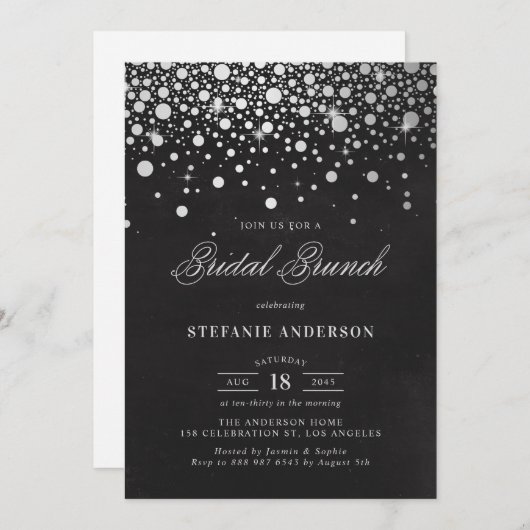 Faux Silver Foil Confetti Chalkboard Bridal Brunch Kaart (Voorkant / Achterkant)