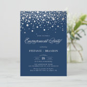 Faux Silver Foil Confetti | Navy Engagement Party Kaart (Staand voorkant)