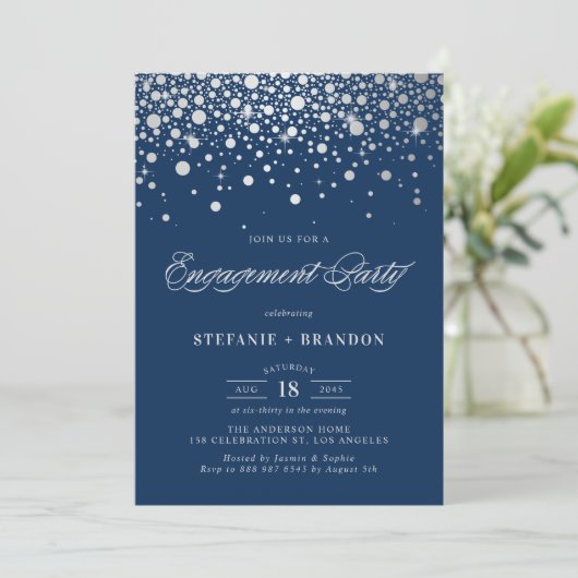 Faux Silver Foil Confetti | Navy Engagement Party Kaart (Staand voorkant)