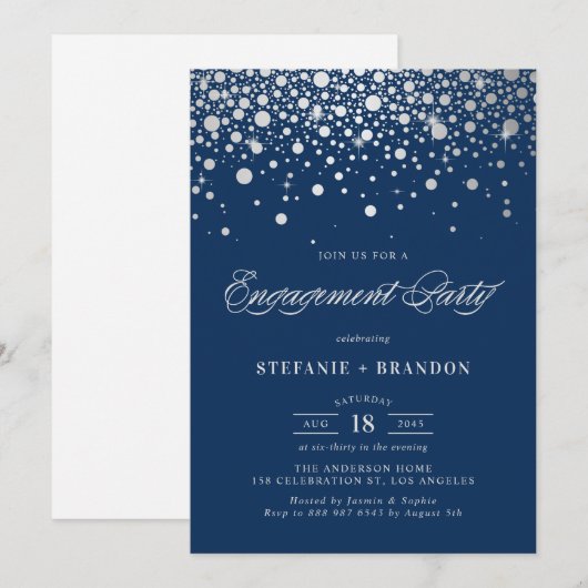 Faux Silver Foil Confetti | Navy Engagement Party Kaart (Voorkant / Achterkant)