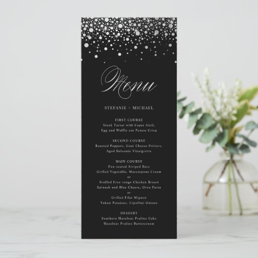 Faux Silver Foil Confetti Stippen Black Menu (Staand voorkant)
