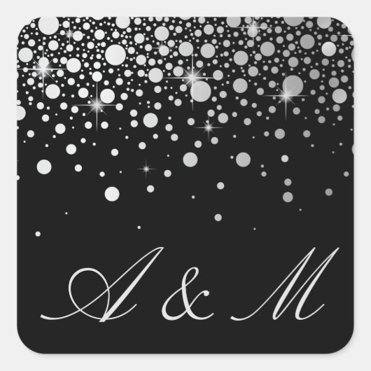 Faux Silver Foil Confetti Stippen Black Monogram Vierkante Sticker (Voorkant)