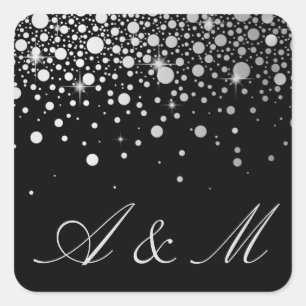 Faux Silver Foil Confetti Stippen Black Monogram Vierkante Sticker