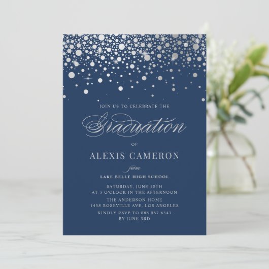 Faux Silver Foil Confetti Stippen Blauw Afstuderen Kaart (Staand voorkant)