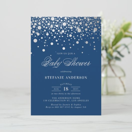 Faux Silver Foil Confetti Stippen Blauw Baby showe Kaart (Staand voorkant)