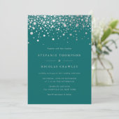 Faux Silver Foil Confetti Stippen Blauwgroen Wedde Kaart (Staand voorkant)