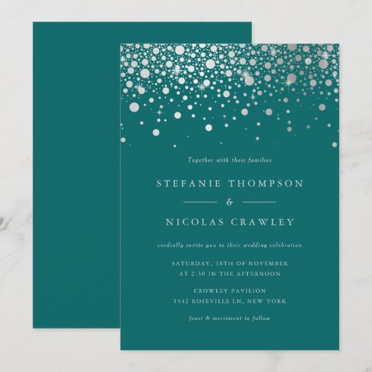 Faux Silver Foil Confetti Stippen Blauwgroen Wedde Kaart (Voorkant / Achterkant)