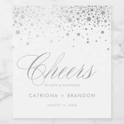 Faux Silver Foil Confetti Stippen Cheers Wedding Wijn Etiket (Enkel label)