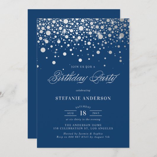 Faux Silver Foil Confetti Stippen Navy Blue Verjaa Kaart (Voorkant / Achterkant)