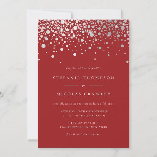 Faux Silver Foil Confetti Stippen Red Wedding Kaart (Voorkant)
