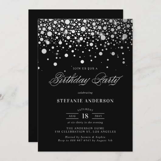 Faux Silver Foil Confetti Stippen Zwart Verjaardag Kaart (Voorkant / Achterkant)