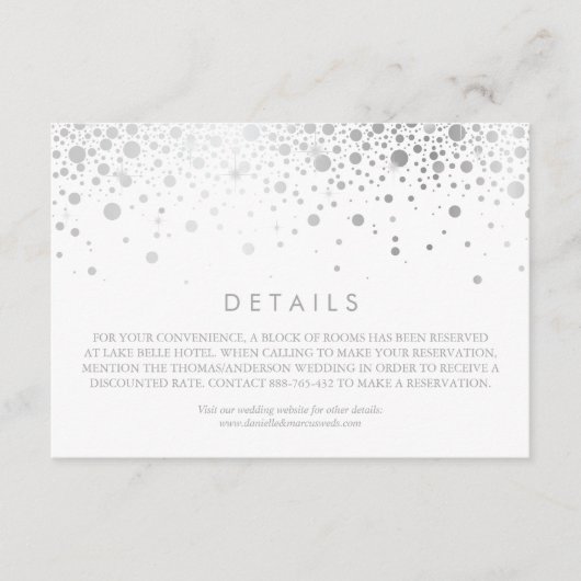 Faux Silver Foil Confetti White Wedding Details Informatiekaartje (Voorkant)