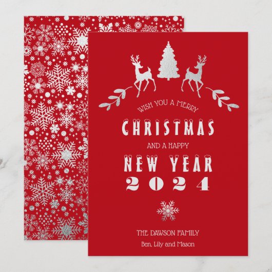 Faux Silver Foil en Red Merry kerstKaart Kaart (Voorkant / Achterkant)