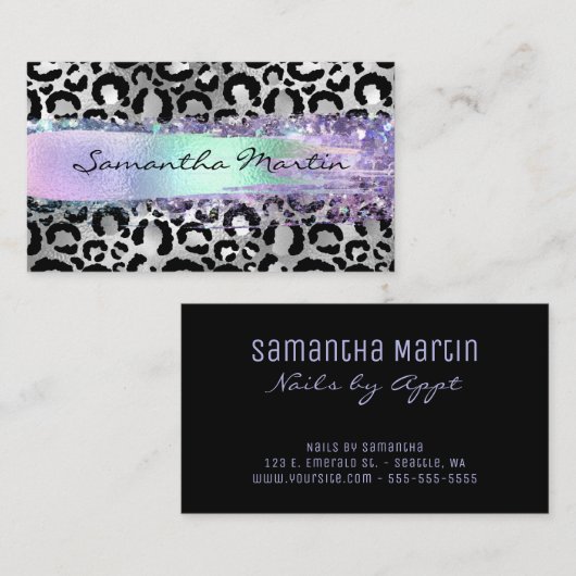 Faux Silver Foil Leopard Iridescent Bruske Stroke Visitekaartje (Voorkant / Achterkant)