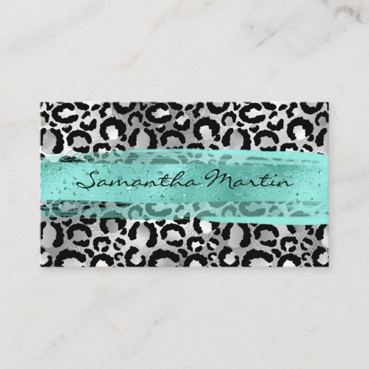 Faux Silver Foil Leopard Spot Aqua Bruske Visitekaartje (Voorkant)