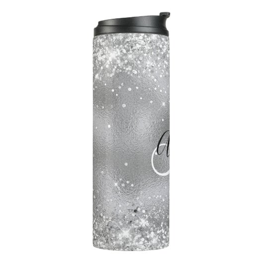 Faux Silver Foil met Sparkly Glitter Monogram Thermosbeker (Gedraaid links)