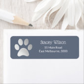 Faux Silver Foil Paw Print Logo op blauw Etiket (Insitu)