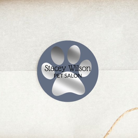 Faux Silver Foil Paw Print Logo op blauw Ronde Sticker