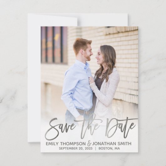 Faux Silver Foil Script Foto Opslaan van de datum  Save The Date (Voorkant)