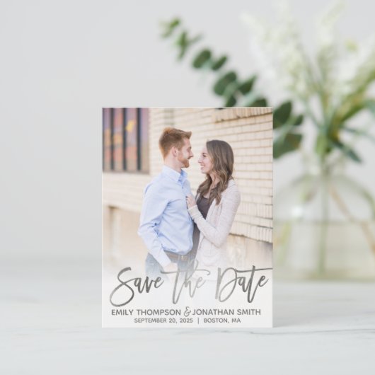Faux Silver Foil Script Foto Opslaan van de datum  Save The Date (Staand voorkant)