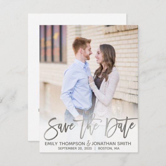 Faux Silver Foil Script Foto Opslaan van de datum  Save The Date (Voorkant / Achterkant)