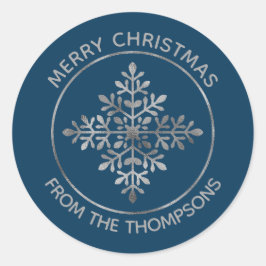 Faux Silver Foil Snowflake on Blue (geen echte Fol Ronde Sticker