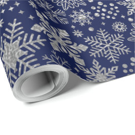 Faux Silver Foil Snowflakes Pattern Navy Feestdage Cadeaupapier